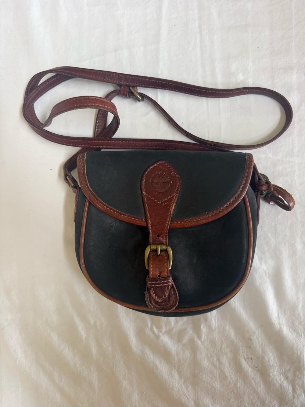 Vintage Timberland Oiled Leather Spectator Saddle Crossbody Bag Black Brown